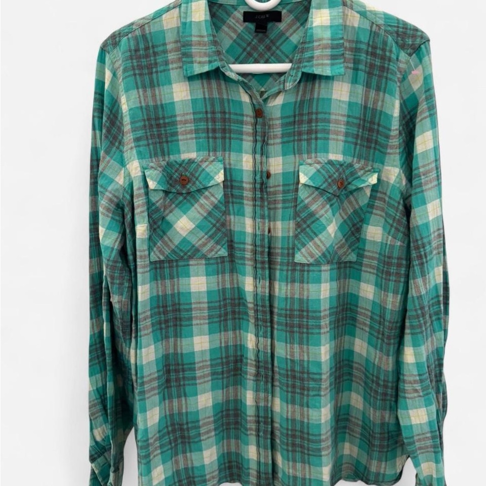 J. Crew Green and Cream Plaid Blouse